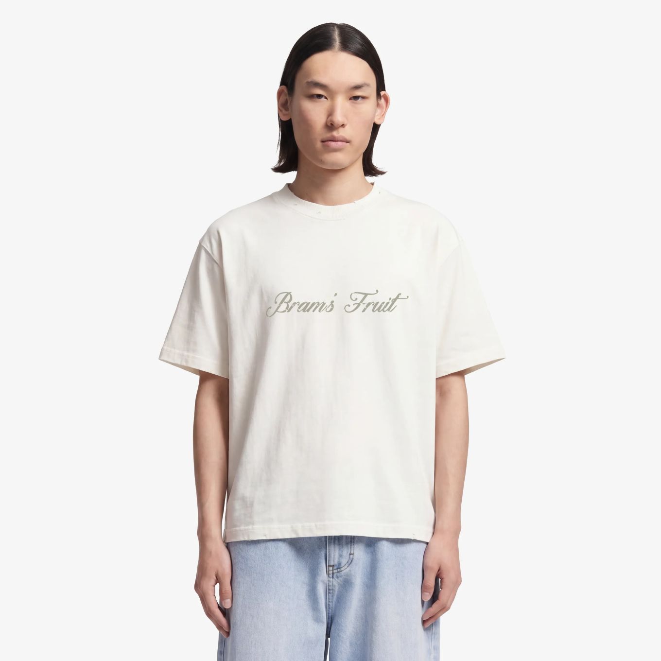 Bram’s Fruit Distressed Script Logo T-shirt Off White