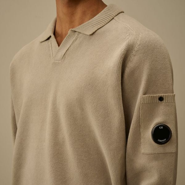 CP Company Chenille Lens Knit Polo Sweater Beige