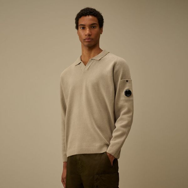 CP Company Chenille Lens Knit Polo Sweater Beige