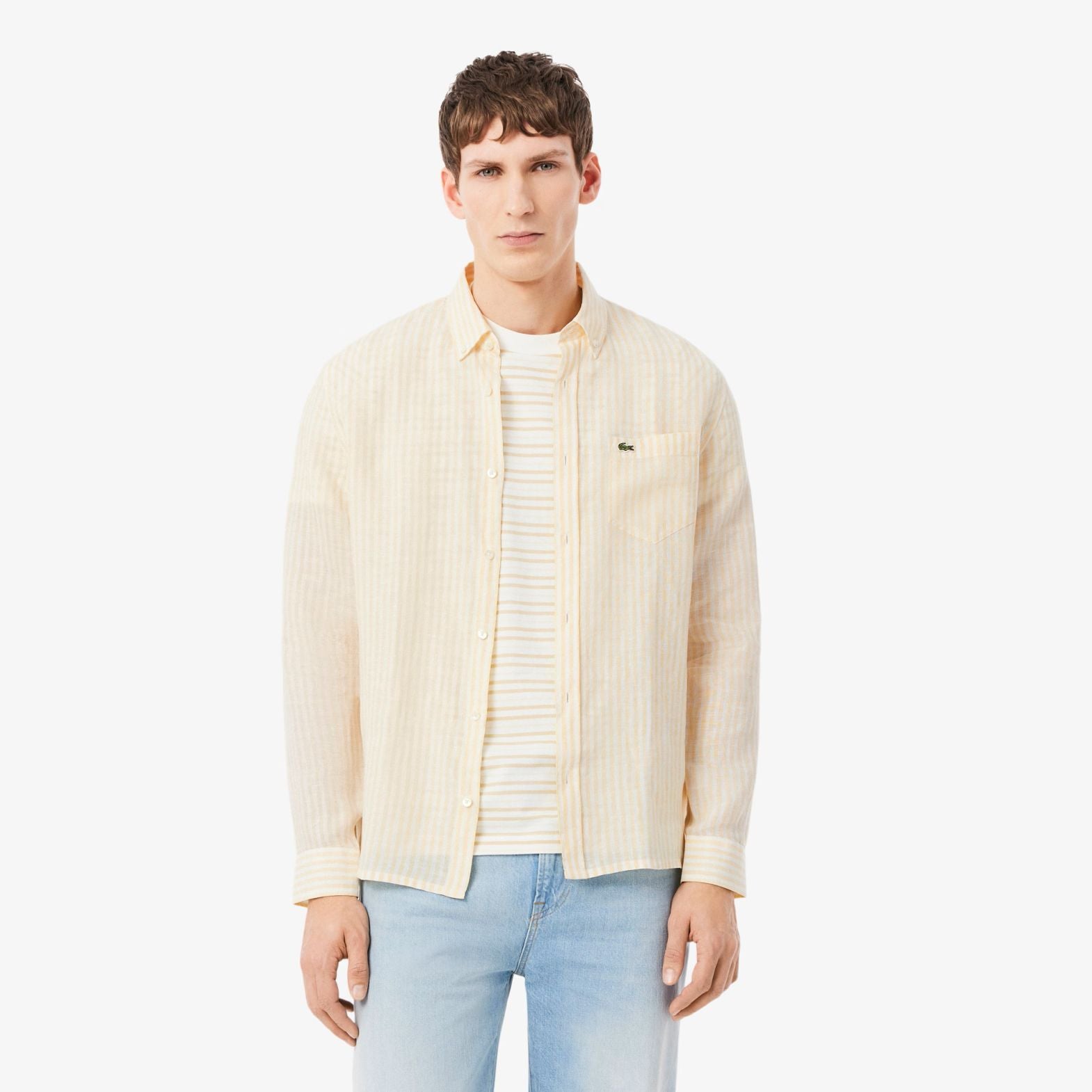 Lacoste Striped Linen Overhemd Geel/Wit