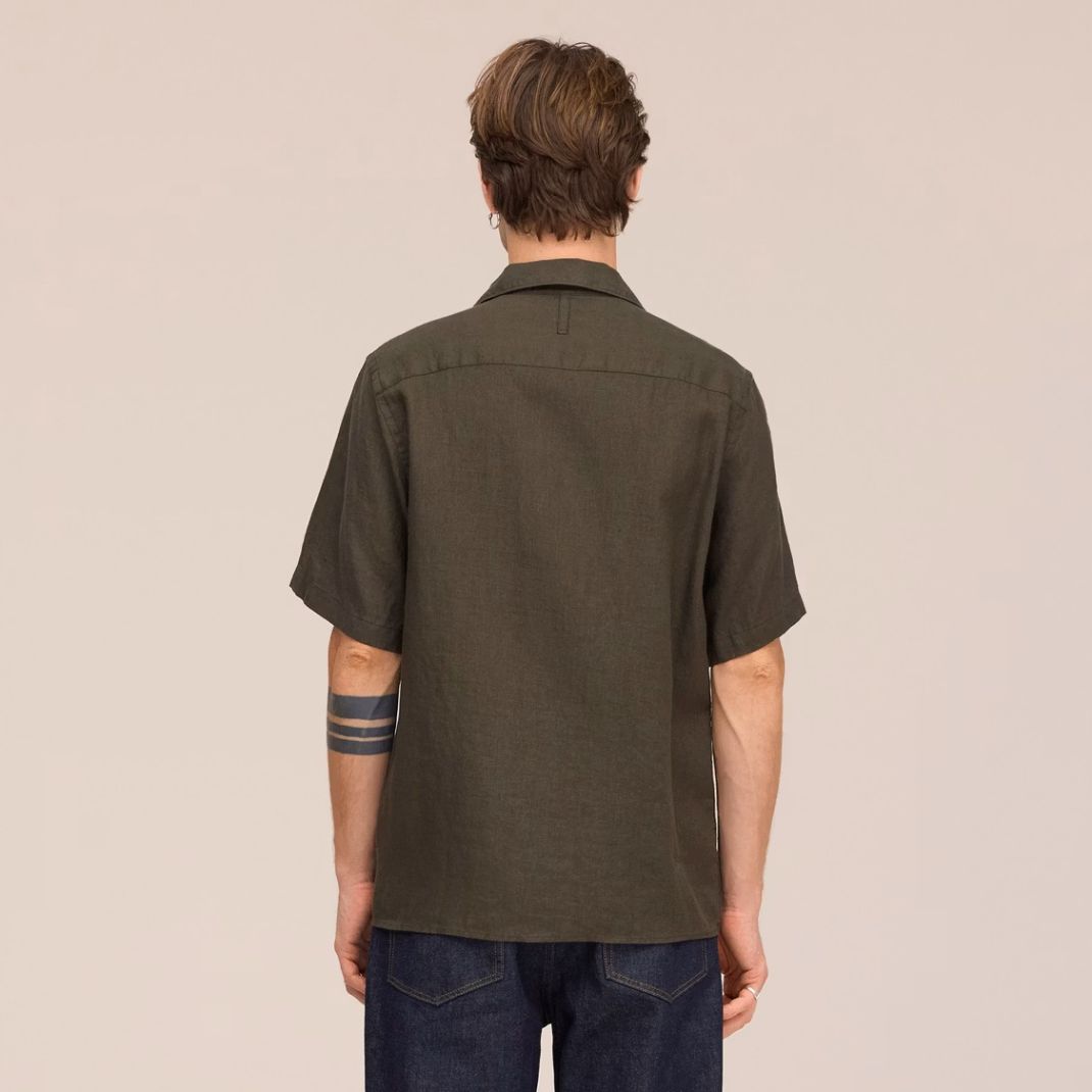 NN.07 Julio Open Collar Linen Overhemd Donker Groen