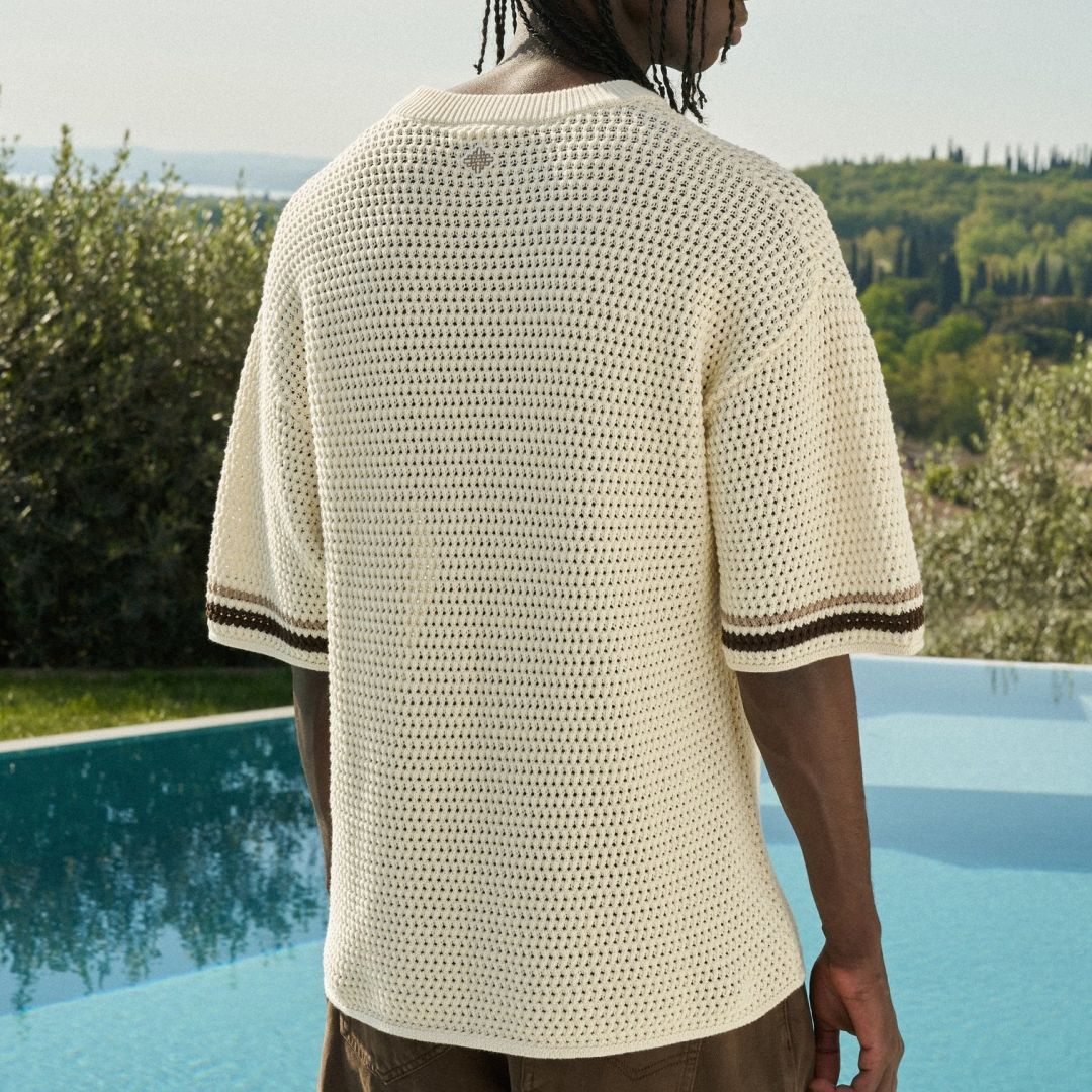 The Couture Club Crochet Knitted Stripe T-shirt Off White