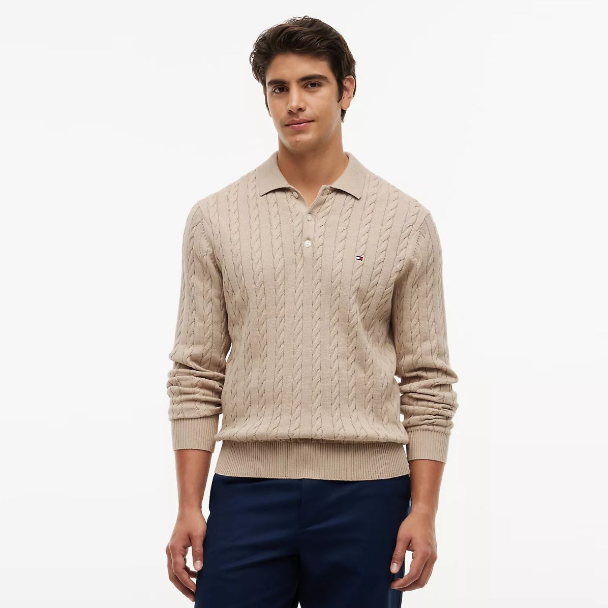 Tommy Hilfiger Classic Cotton Cable Longsleeve Polo Beige
