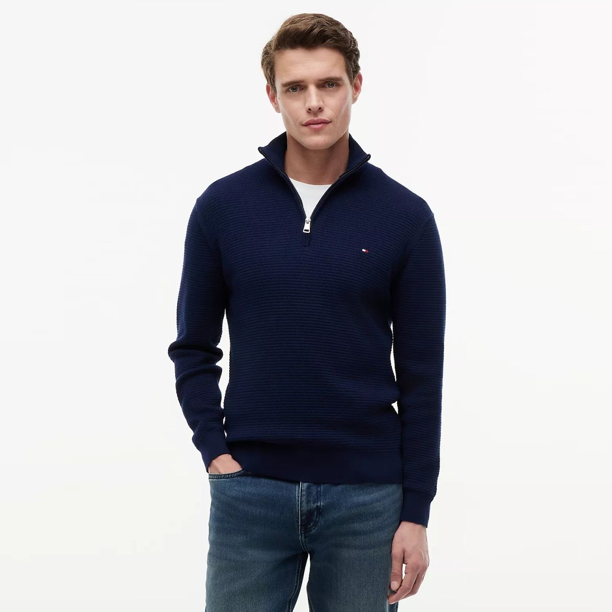 Tommy Hilfiger Textured Half-Zip Mock Neck Sweater Navy